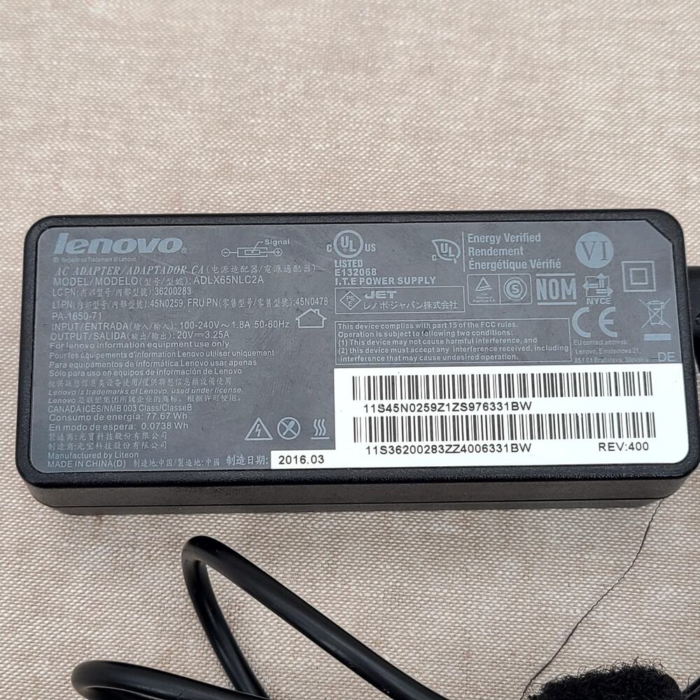 Genuine 65W Lenovo ADLX65NLC2A AC Power Adapter Charger 20V 3.25A - Picture 4 of 5